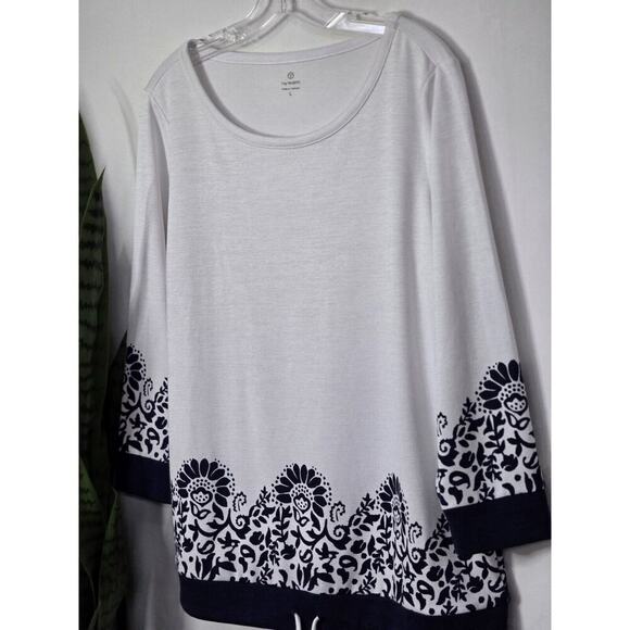 T by Talbots Navy White Floral Paisley Drawstring-Hem 3/4 Sleeve Blouse Size L - Picture 2 of 5